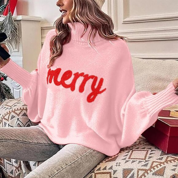 Oversized Christmas Pink Sweater Women 2025 Merry Turtleneck Batwing Sleeve - Picture 4 of 6